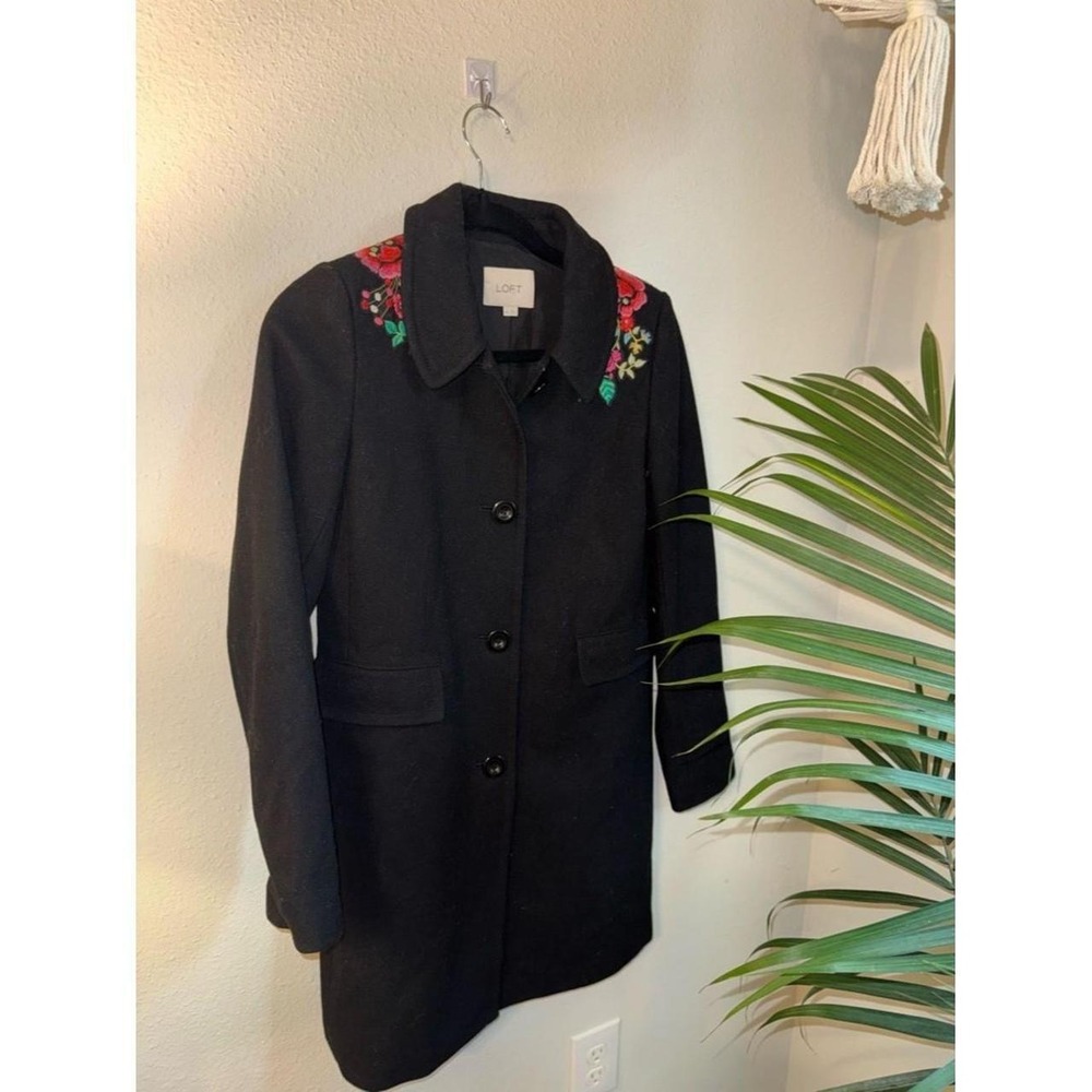 LOFT Black Pea Coat Red Green Floral Embroidered Collar Button Front Jacket